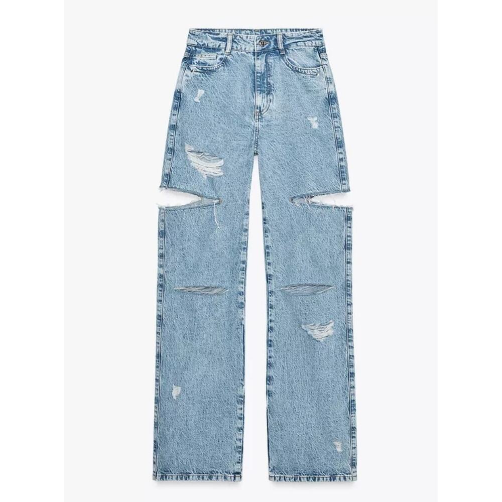 Zara Light Blue Distressed Straight Leg Jeans